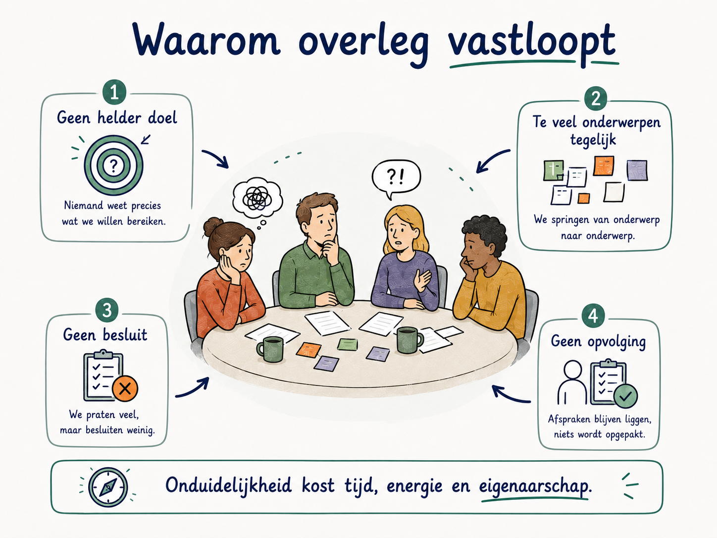 Waarom overleg vastloopt: geen helder doel, te veel onderwerpen tegelijk, geen besluit en geen opvolging