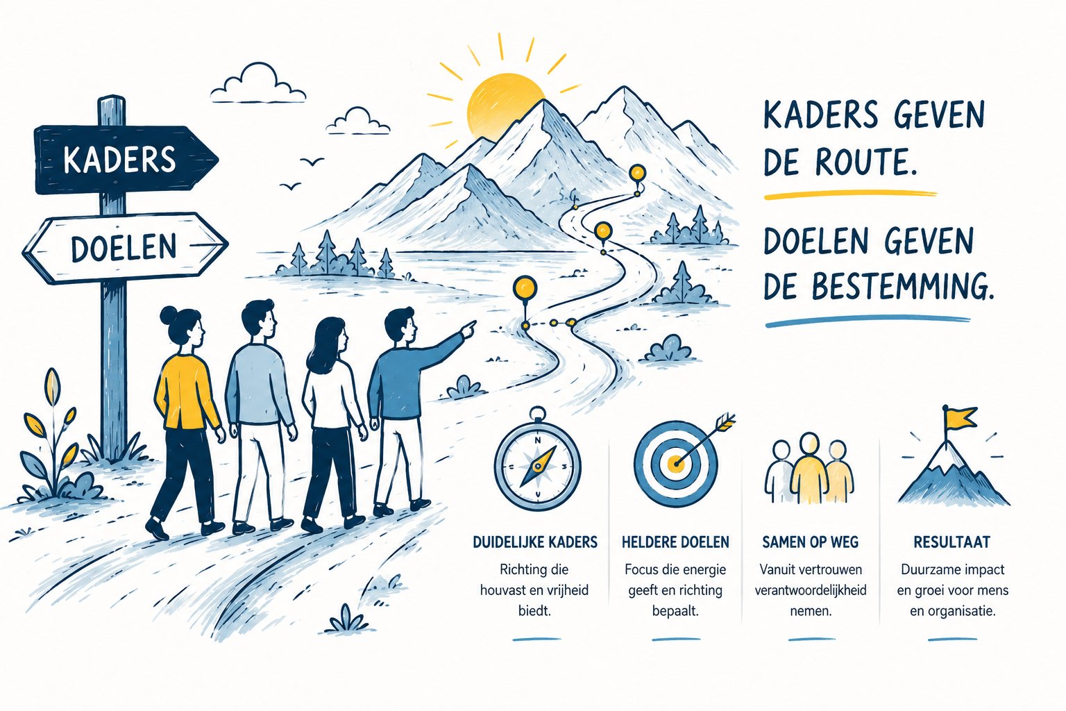 Infographic: Doelen en kaders — Kaders geven de route, doelen geven de bestemming