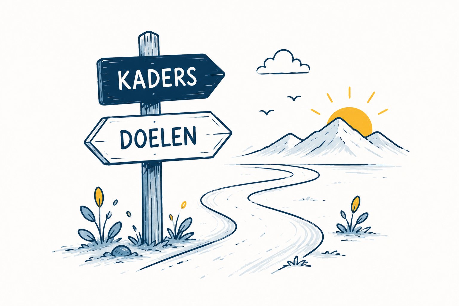 Illustratie: Wegwijzer met Kaders en Doelen — richting geven aan zelforganiserende teams