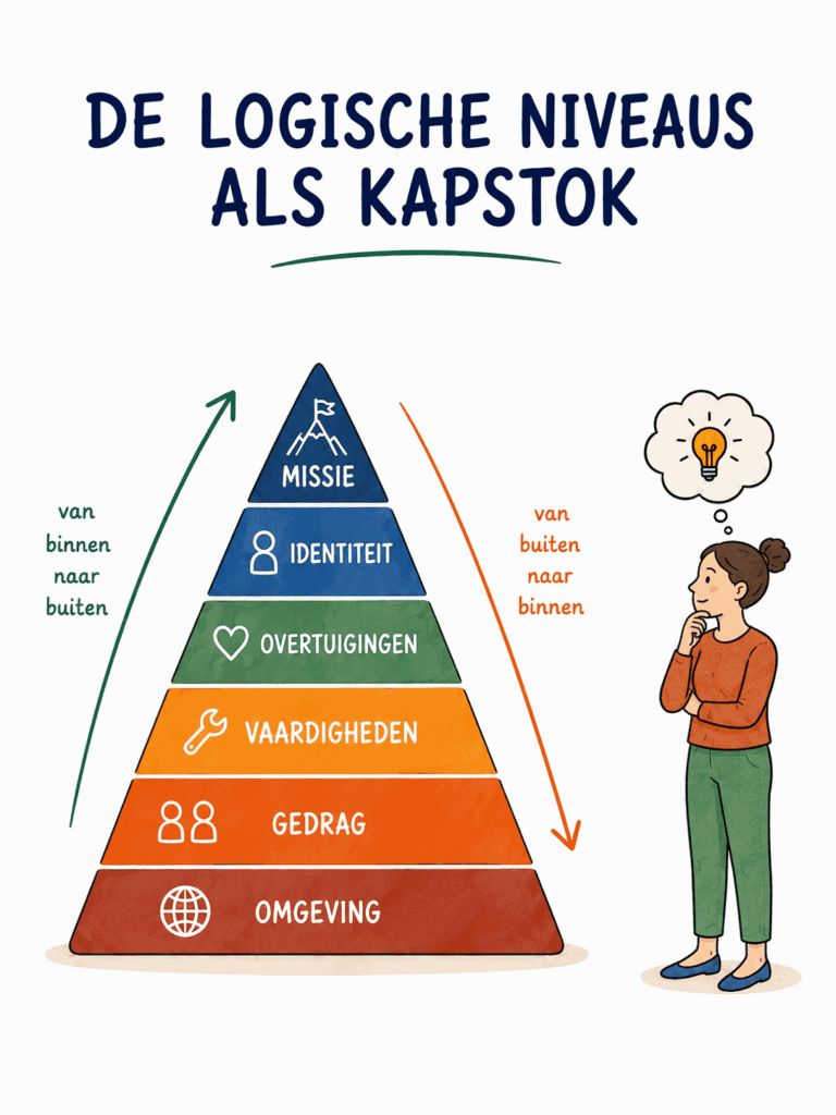 De logische niveaus als kapstok: omgeving, gedrag, vaardigheden, overtuigingen, identiteit en missie